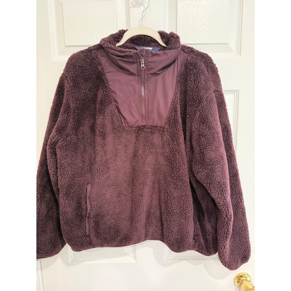 Lands End Quarter Zip Sherpa Fleece Pullover Jacket Burgundy